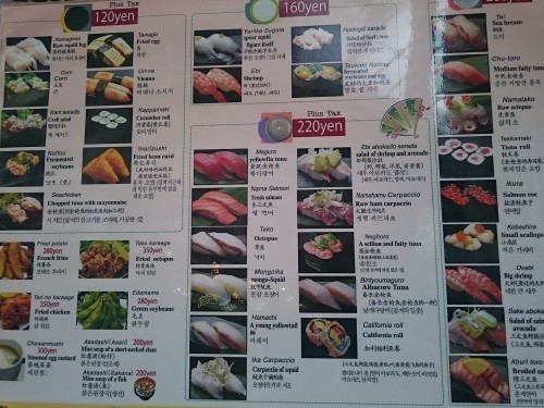Cartel con variedades de sushi en un restaurante kaitenzushi.
