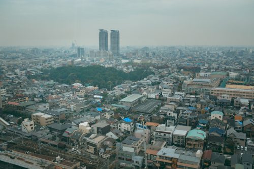 View of kofun from Sakai City Hall, Sakai, Osaka, Kinki, Japan