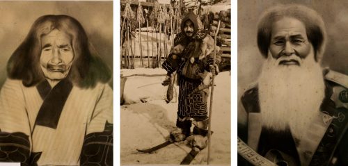 Trois photographies d'hommes aïnous exposées au Kawamura Kaneto Ainu Memorial Museum d'Asahikawa, Hokkaido, Japon