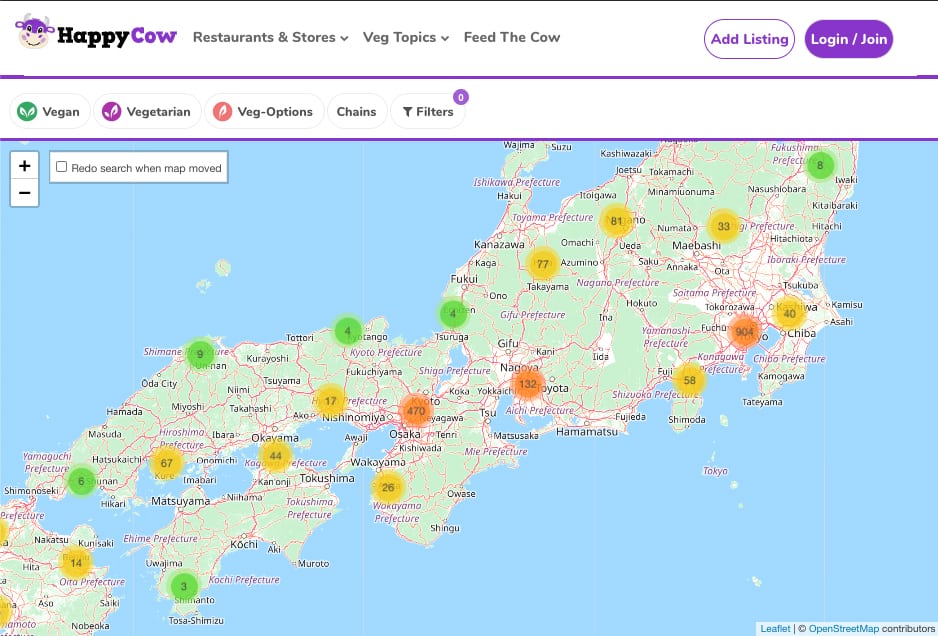 Sito web Happy Cow: mappa dei ristoranti vegani e vegetariani del Giappone centrale