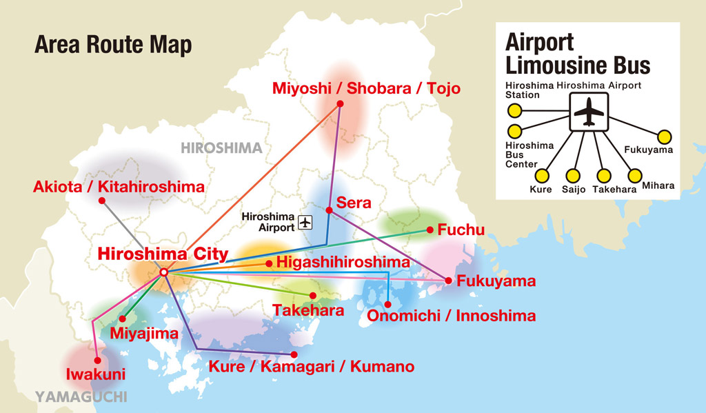 Mappa dell’Hiroshima Wide Area Pass Map e Limousine Bus per l’aeroporto