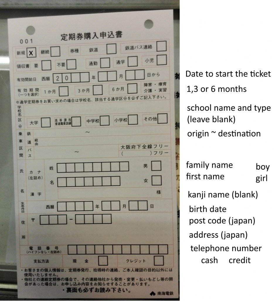 teiki, or ocmmuter card form sheet for Japanese trains and stations