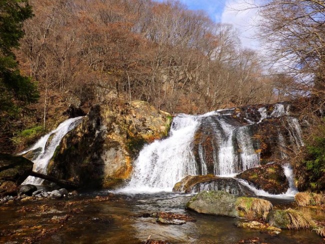 From a hiking path by the waterfall at Tamasudare Falls, one waterfall among many around Nikko