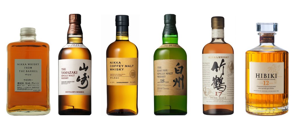Different brands of Japanese Whiskey, known for their high quality.
