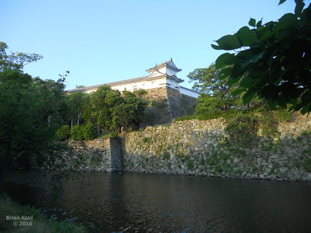 outside of Himeji Castle surrounded by a moat