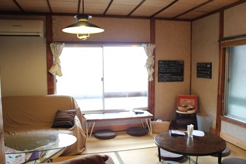 Cafe interior at Naoshima island's Cafe Konichiwa