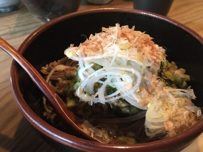 Delicious toppings over soba bowl at Fukuya soba restaurant, Kamakura