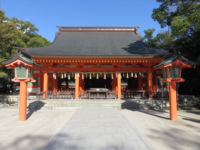 Sumiyoshi shrine orange within nature green amidst otherwise bustling Hakata, Fukuoka