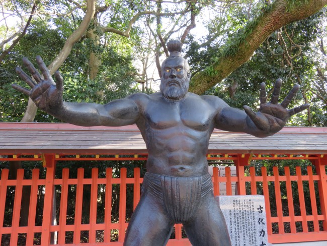Sumiyoshi shrine sumo wrestler stands out against nature within Hakata, Fukuoka