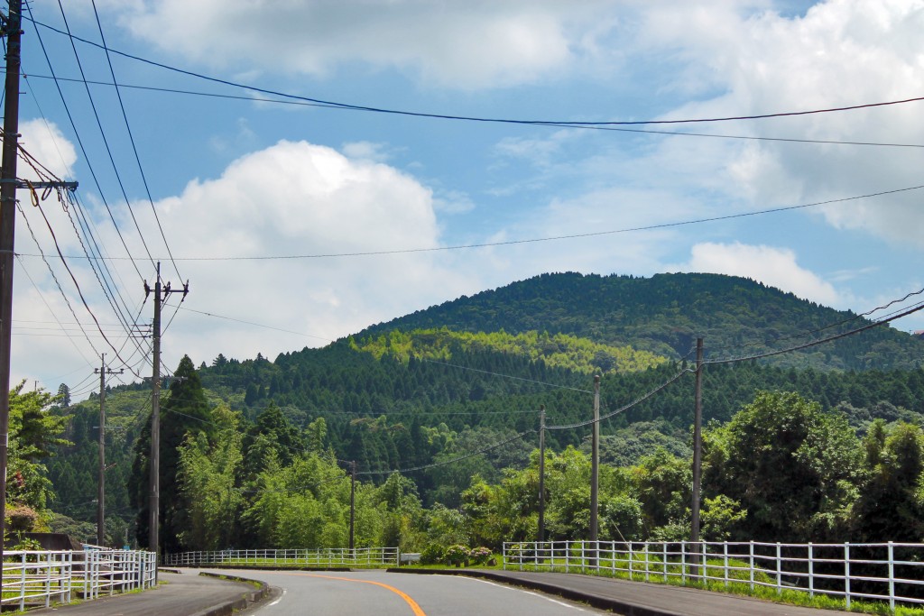 Street and mountain full of trees on the way to Kirishima Jingu Shrine.