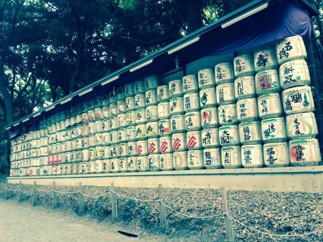 Meiji Shrine grounds in Tokyo, sake barrels