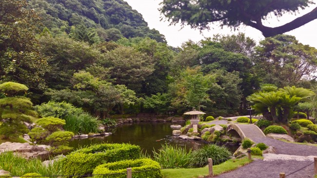 Sengan-en garden landscape with a shallow pond in Kagoshima.