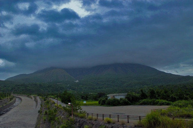 Clouds covering the volcano and surrounding nature at the island of Sakurajima.