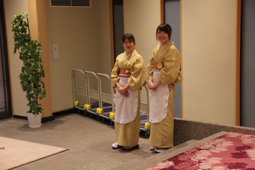 staff wearing kimonos in a hot spring / onsen hotel, Iwate