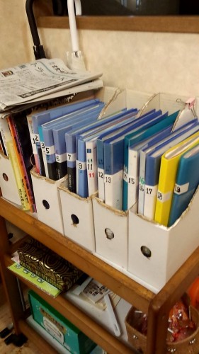 Book collection of customers at Juju Okonomiyaki restaurant.