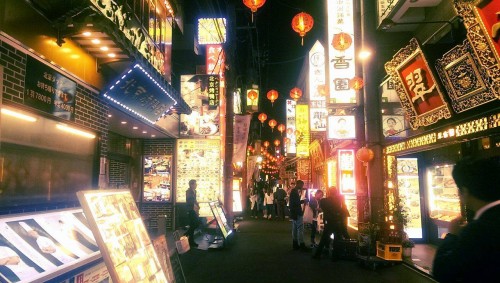 Yokohama Chinatown street decorated in a Chinese fashion with Chinese signs.