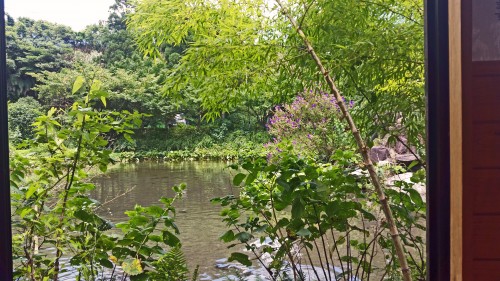 View of nature and water outside a window of somen noodles shop in Ibuski