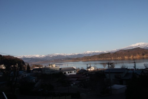 Views of Lake Goshoko and the mountains from hot spring / onsen hotel, Iwate