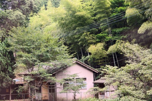 Building surrounded by nature before foot onsen in Kagoshima.