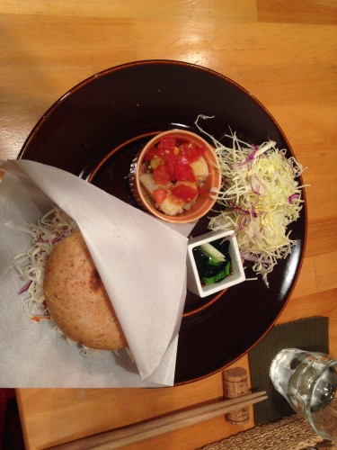 Bagel sandwich/veggie burger available in a vegetarian/vegan restaurant in Morioka