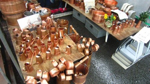 Various metal tools sold at the Kochi Sunday market.