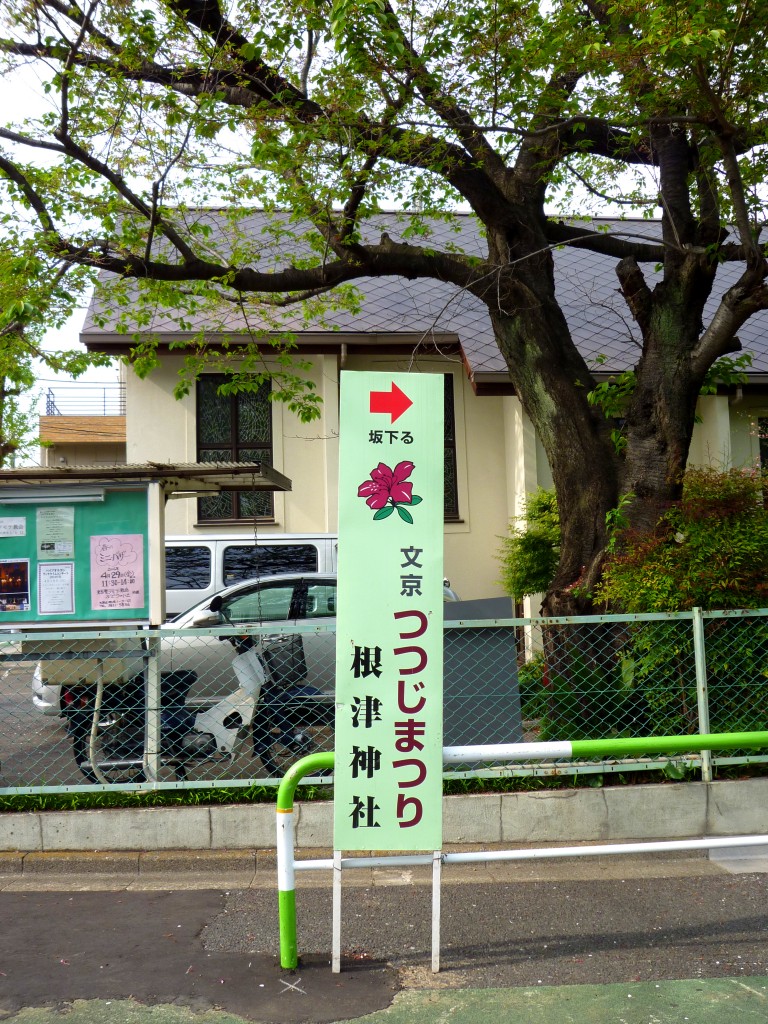 Signpost marking Nezu Shrine Azalea Festival, fine azalea garden throughout Tokyo