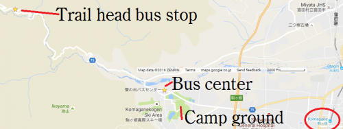 Location of the trail head, bus centre and camp ground