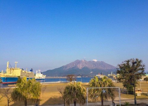 Kagoshima port overlooking Sakurajima island, Kagoshima, Kyushu, Japan.