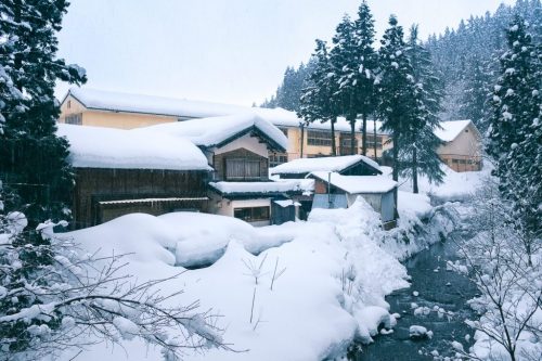 Snow Covered Farm Town and Rice Fields in Takane Village Niigata