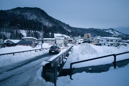 Snow Covered Roads in Hot Spring Village in Yonezawa Yamagata Prefecture