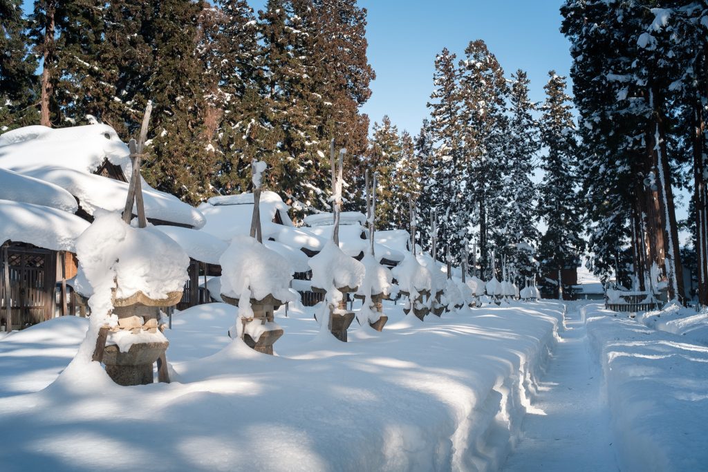 Uesugi Samurai Mausoleum in Winter Snow in Yonezawa City Yamagata
