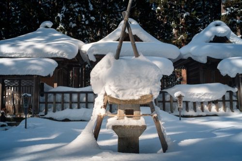 Uesugi Samurai Mausoleum in Winter Snow in Yonezawa Castle Ruins