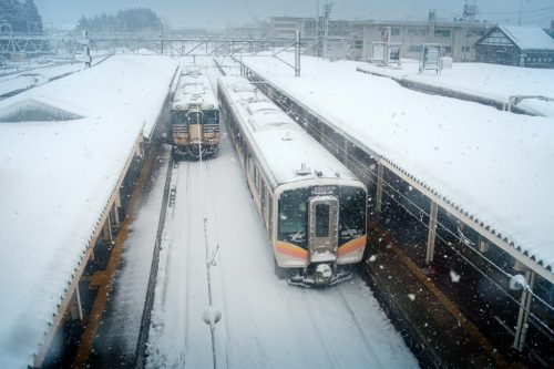 Winter Snow Storm at Train Station in Yonezawa City