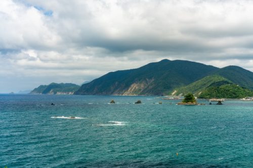 The beautiful mountains reach the sea in Fukui Prefecture, Japan.