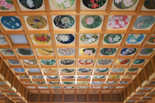 Painted ceiling of 26 species of flowers in a building of the Tachibana-dera temple