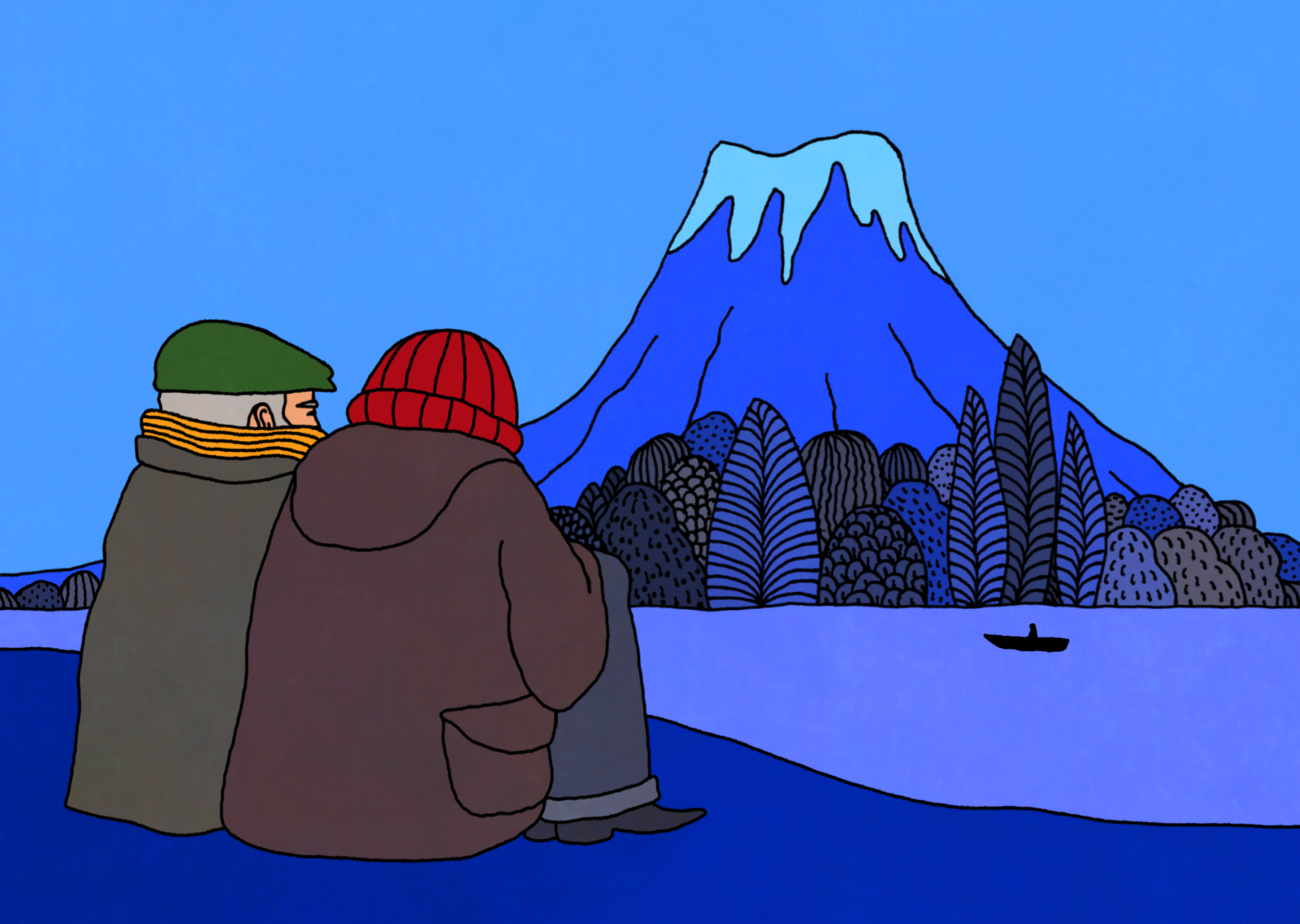 A father and a son in front in Mount Fuji